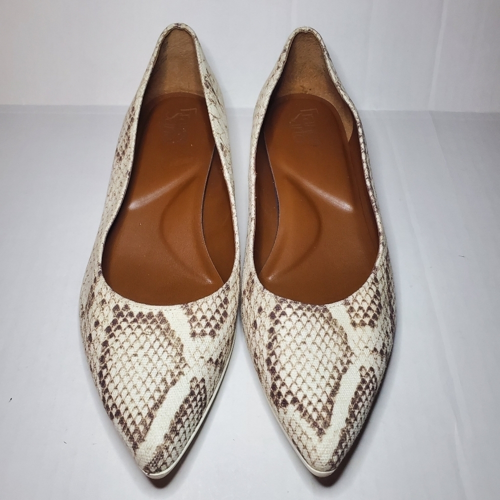 Franco Sarto Cream and Brown Snake-Print Pointed Toe Flats
